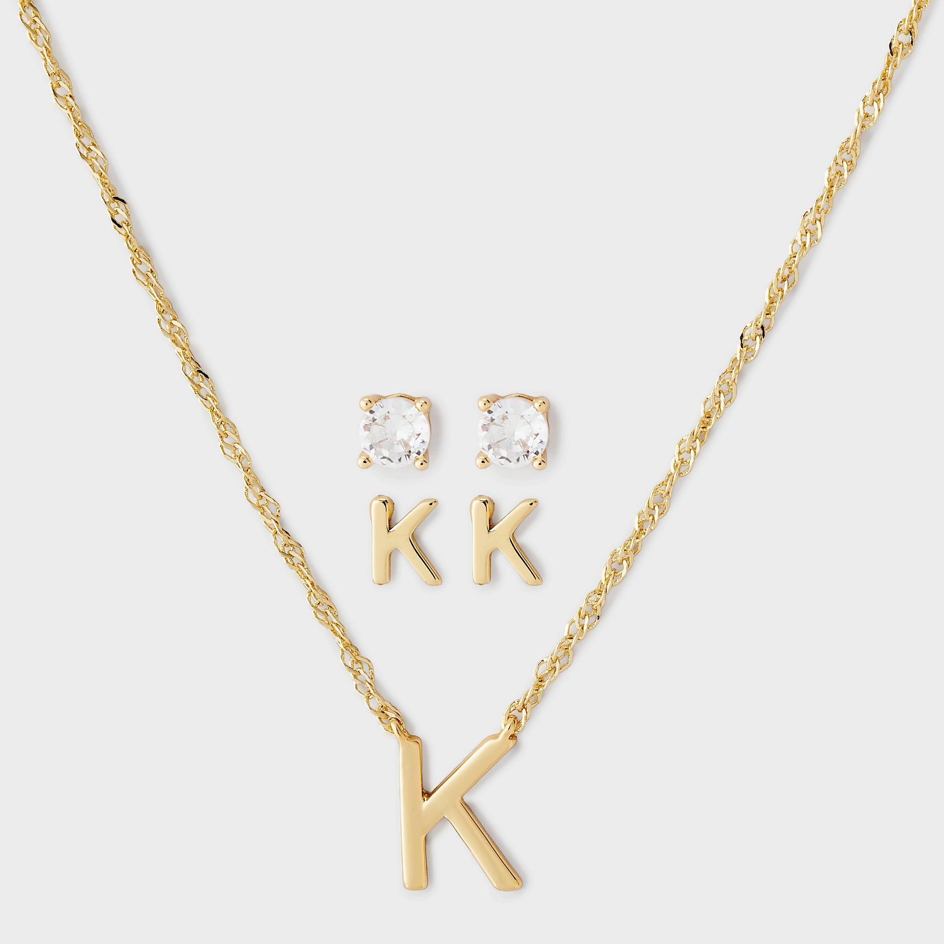 Brass Polished Letter Charm Necklace & Cubic Zirconia Stud Earrings 3pc Set - A New Day™ Gold