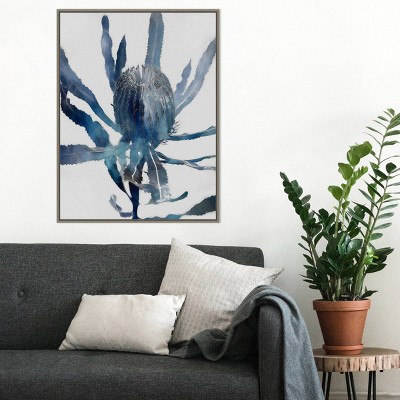 Blue and Gray Abstract Cactus Canvas Print with Float Frame