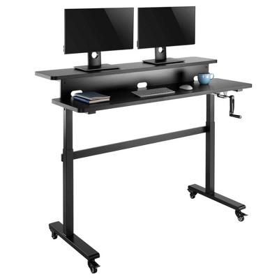 Tranzendesk Standing Desk with Dual Shelves, Front Handle, and Wheels – 55” Sit to Stand Workstation – Black – Stand Steady