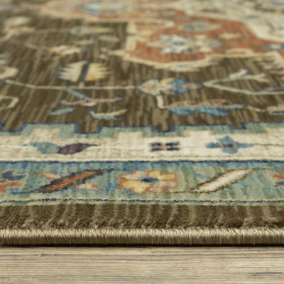 Ivory and Brown Synthetic Bohemian Area Rug with Trim Embellishment