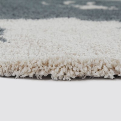 Round Gray and Off-White Synthetic Shag Kids Rug