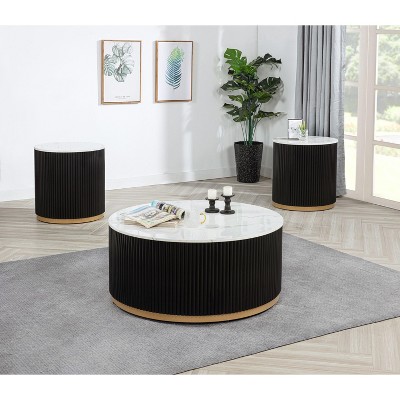 Kumasinova Modern Round Coffee Table( Set),End Table with Marble-Style Top and Gold Base,Side Table with Casters,Coffee Tables for Living Room