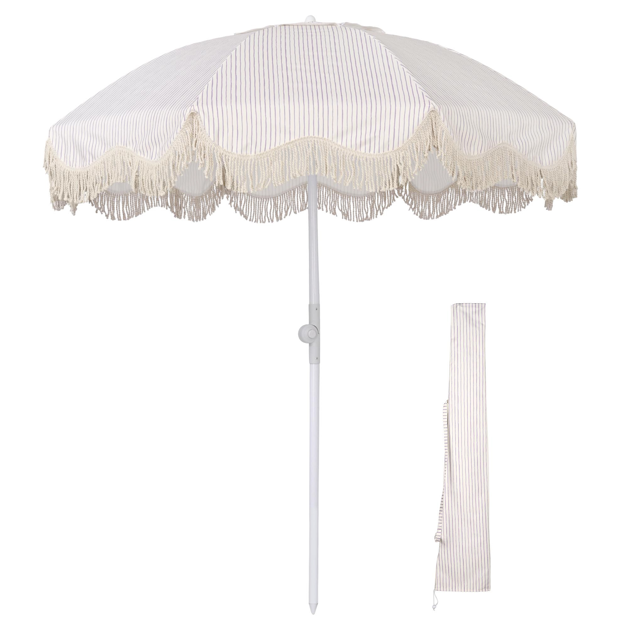 LAGarden 6Ft Fringe Patio Umbrella with Push Button Tilt Carry Bag UV30+ Outdoor Beach Yard Pool Party Deck Purple Stripe