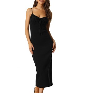 Seta T Women's Summer Sleeveless Drawstring V Neck Spaghetti Strap Bodycon Midi Cami Dresses - 1 of 4