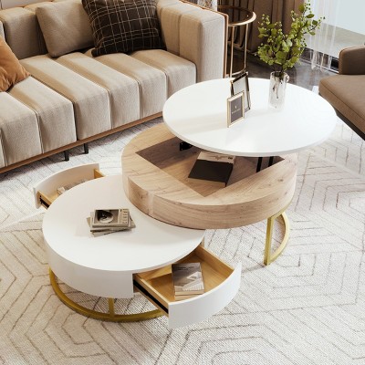 Round Lift Top Nesting Coffee Table Set with Storage Drawers,31.5" & 27.6" Tabletop for Living Room-Baofuwish