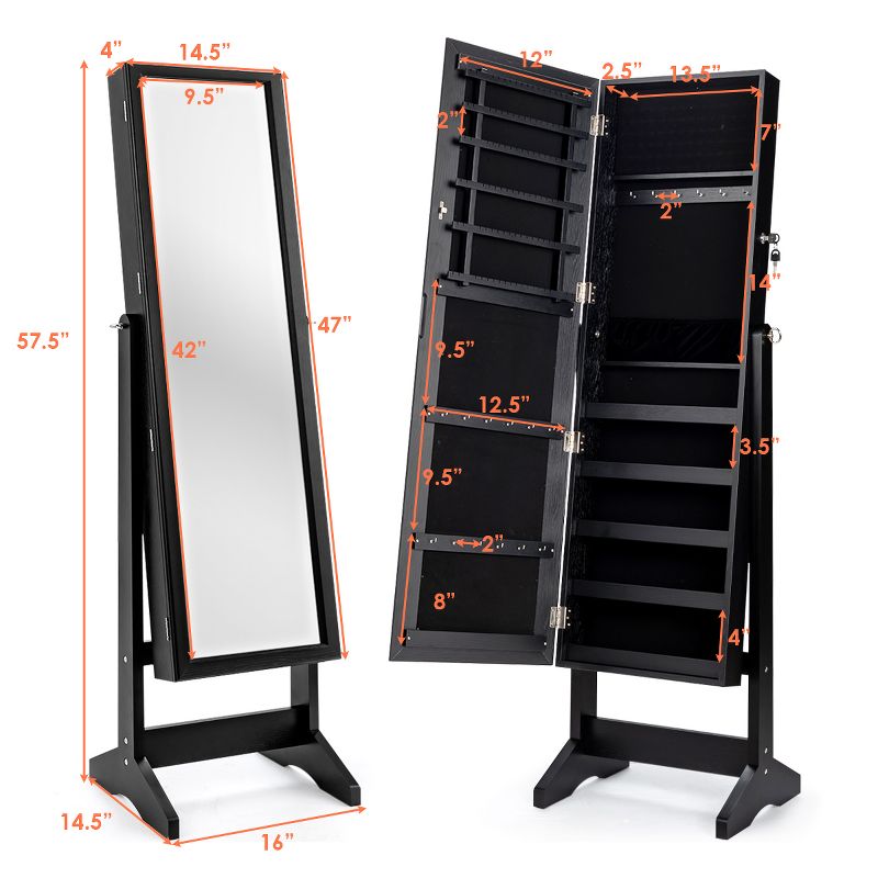 Costway Jewelry Cabinet Stand Mirror Armoire Lockable Organizer Large Storage Box White\Black\Brown, 2 of 11