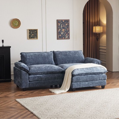 Karl Home |85.4 in. W Pillow Top Arm Double-layer Cushion Chenille Sofa in Blue With Ottoman