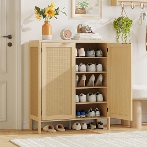 Rattan Shoe Storage Cabinet, 5-Tier Boho Shoe Organizer, Accent Credenza Cabinet, Natural - 1 of 4