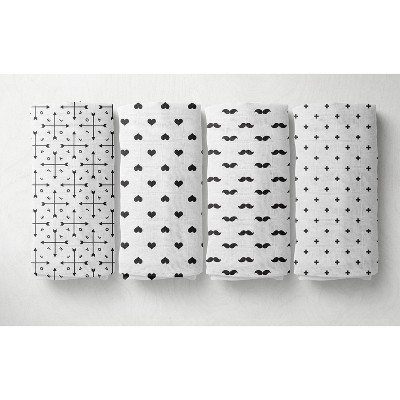 Bacati - LOVE Muslin Swaddling Blankets set of 4, Black/White