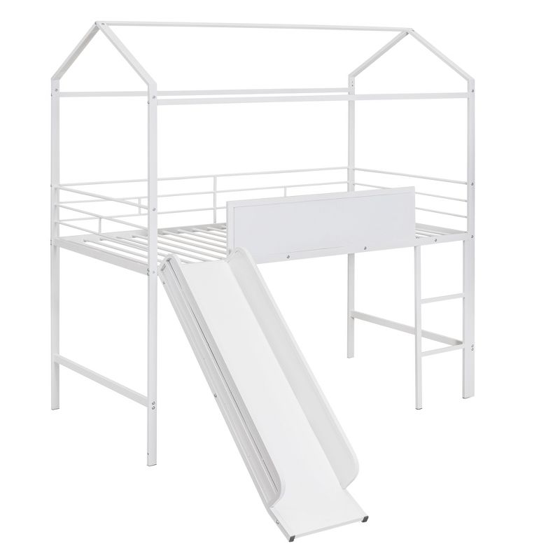Twin Size Metal House Loft Bed With Slide and Two-Sided Writable Wooden Board-ModernLuxe, 3 of 9