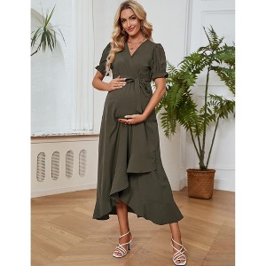Coolmee Maternity Puff short Sleeve Maxi Dress V Neck Pregnancy Dresses for Baby Shower Photoshoot - 1 of 4