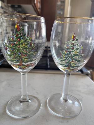Spode Christmas Tree Stemless Wine Glasses, Set of 2, 22 Karat Gold Rim 19  oz