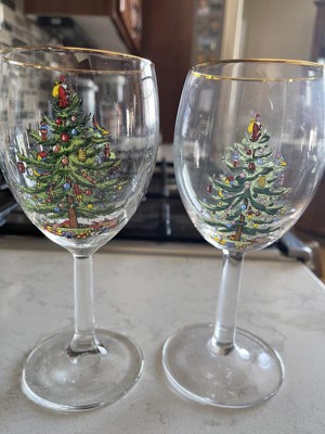 Spode Christmas Tree 12oz Wine Glass 7.25 tall gold rim set of 2 signed