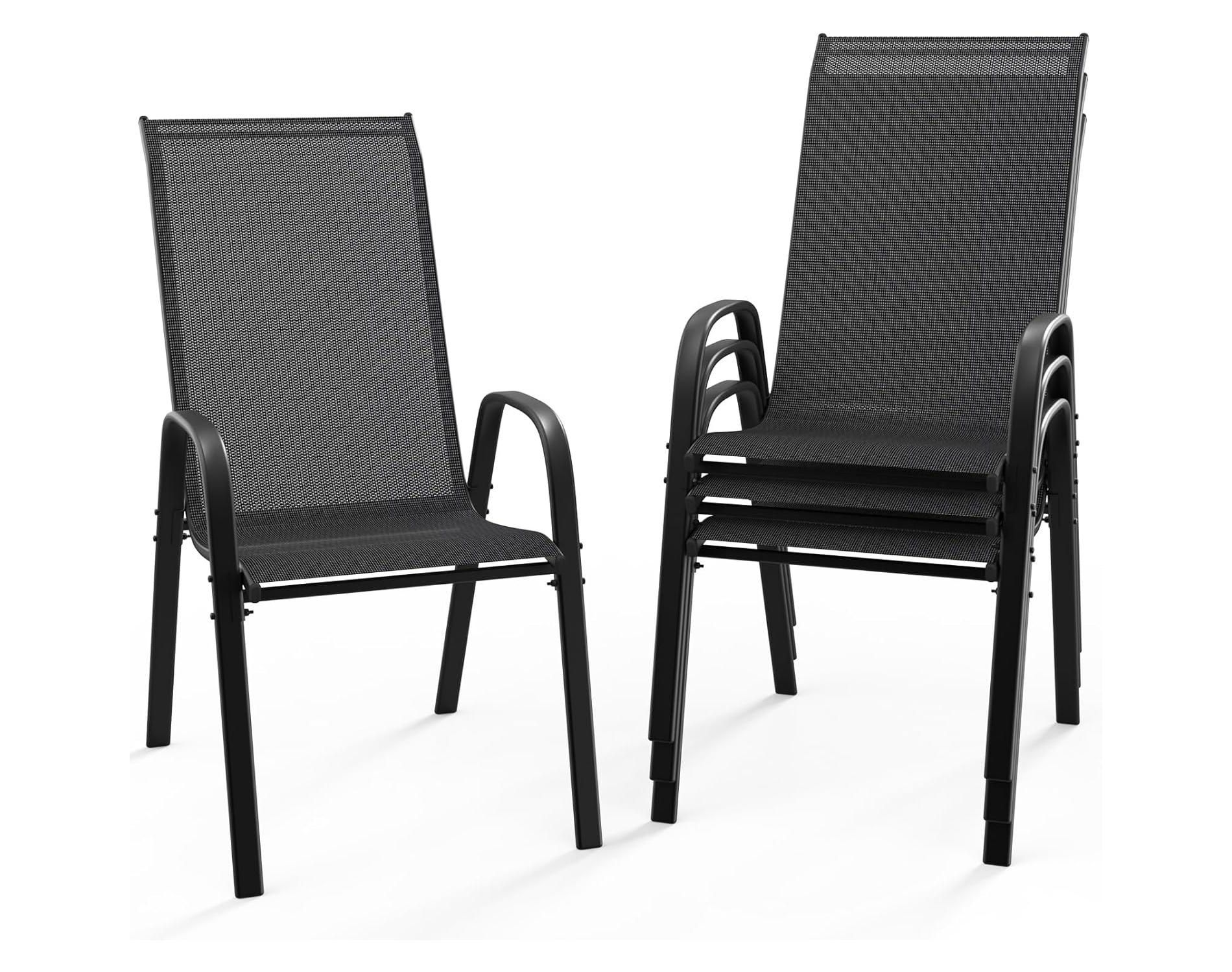 VINGLI Patio Chairs Set of 4 – Stackable Outdoor Dining Chairs with Comfortable Sling High Back Chairs and Armrests, Black