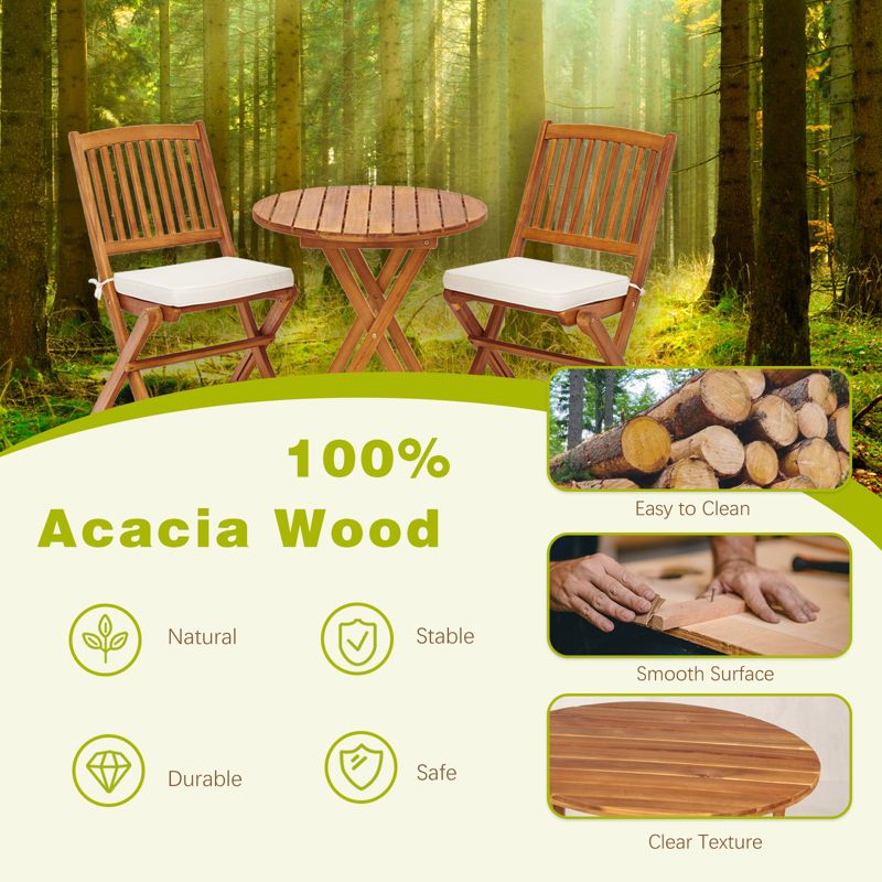 Tangkula 3 PCS Patio Bistro Set Acacia Wood Folding Set w/ Round Coffee Table & Padded Cushion Outdoor Chair and Table Set for Balcony Garden Beige, 5 of 11