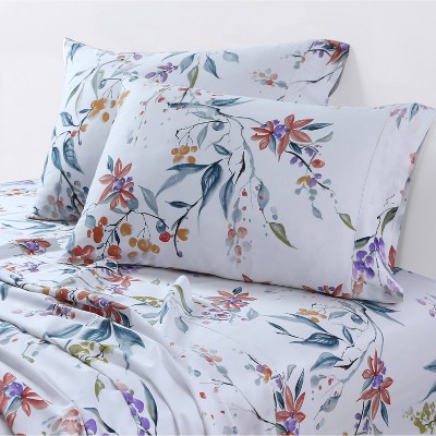 Full Organic Cotton Deep Pocket Floral Sheet Set in Blue