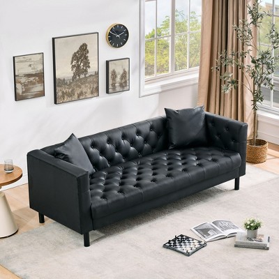 81" Chesterfield Sofa, Modern Leather Couch, Handmade Button Tufted 3 Seater Sofa, Deep Seats and 2 Pillows, for Apartment, Office
