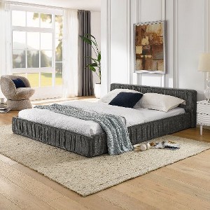 CAVINAS Grounded Upholstered Platform Bed Frame, Chenille Fabric Queen Size Bed Frame with Headboard, Sturdy Bed Frame with Wave Pleated Design - 1 of 4