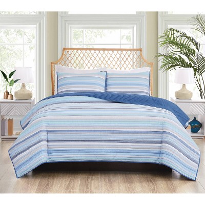 Blue and White Cotton Twin Quilt Set with Striped Design
