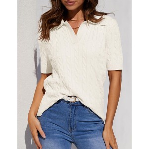 Womens Sweater Collar V Neck Short Sleeve Casual Knit Sweater Tops - 1 of 3