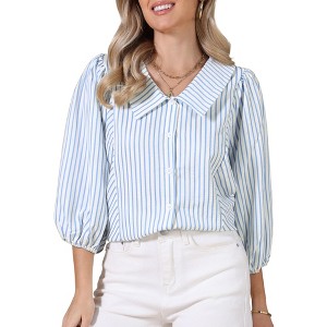 INSPIRE CHIC Women's Button Down Striped Dressy Casual Turndown Collar 3/4 Puff Sleeve Babydoll - 1 of 4