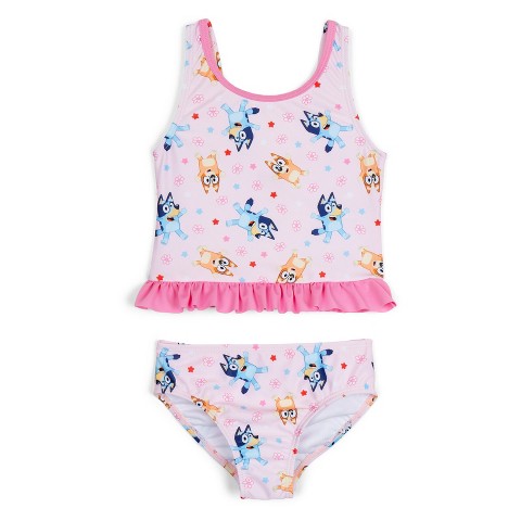 Bluey Little Girls UPF 50+ Peplum Tankini Top and Bikini Bottom Swim Set Pink 5-6