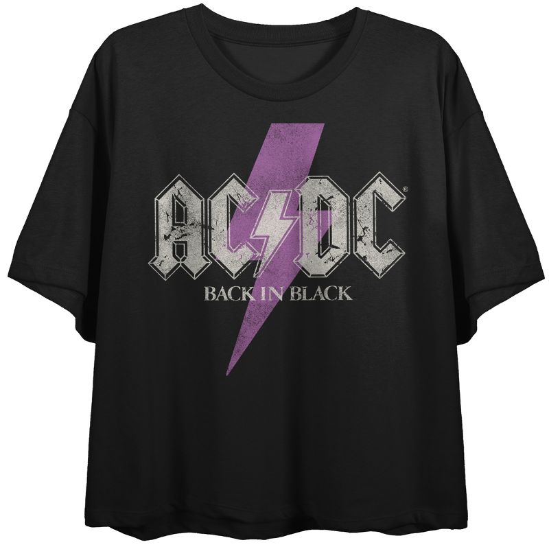 ACDC Back In Black Purple Lightning Bolt Logo Women's Black Cropped Tee, 1 of 3