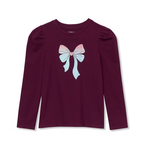 Lands' End Kids Long Sleeve Graphic Tee With Puff Shoulder - X-Large - Glitter Bow/Plum