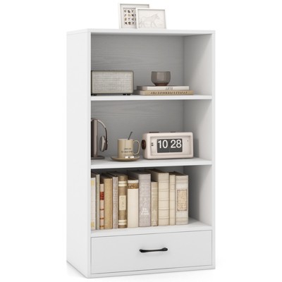 Tangkula 4-Tier Bookcase w/Storage Drawer Modern Storage Shelf w/3-Tier Open Shelf Freestanding Display Shelf Grey/Natural/White