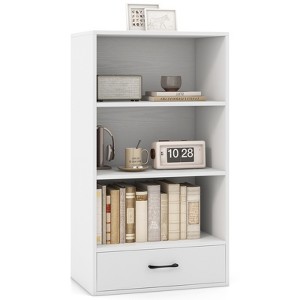 Tangkula 4-Tier Bookcase w/Storage Drawer Modern Storage Shelf w/3-Tier Open Shelf Freestanding Display Shelf Grey/Natural/White - 1 of 4