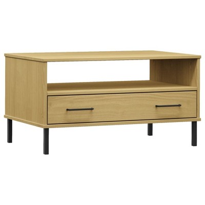vidaXL Solid Pine Wood Coffee Table with Metal Legs and Drawer, Durable Living Room Table, Elegant Design, Easy Assembly, 33.5"x19.7"x17.7", Brown