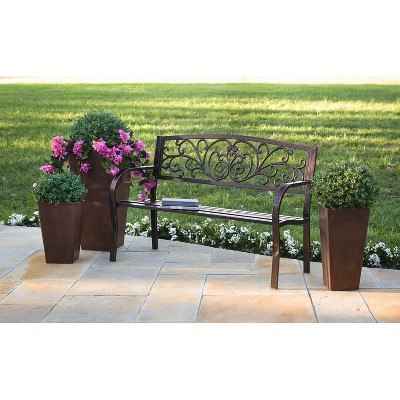 Evergreen 48" Bronze Metal Garden Bench with Floral Design