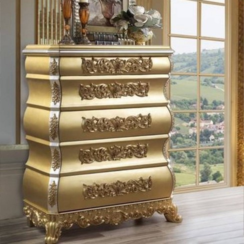 46" Seville Chest Gold Finish - Acme Furniture: Bedroom Vertical Dresser with 5 Drawers & Carved Details - image 1 of 4