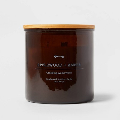23oz XL 3-Wick Applewood + Amber Wooden Amber Glass with Wood Lid and Stamped Logo Amber - Threshold™