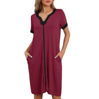cheibear Women's Zipper Front Short Sleeves V-neck Nightgown with Pockets