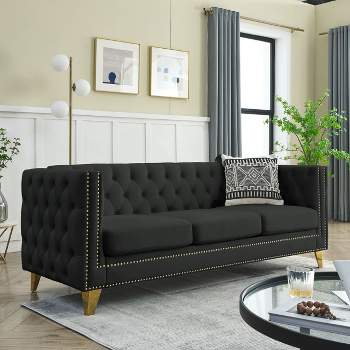 Living Room Modern Velvet Sofa With Button Tufted Square Arms And Metal Legs - ModernLuxe