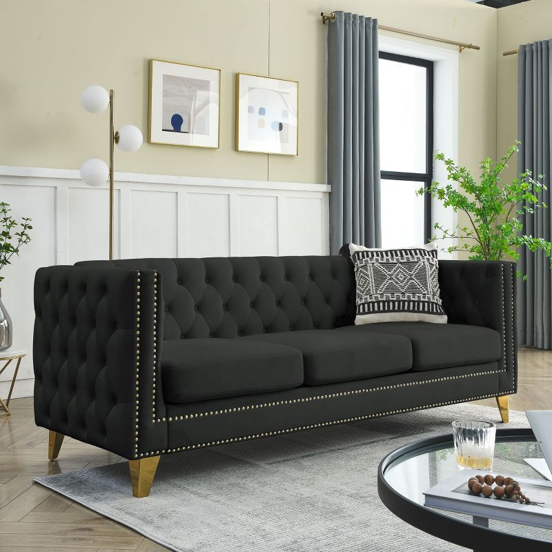 Living Room Modern Velvet Sofa With Button Tufted Square Arms And Metal Legs - ModernLuxe, 1 of 14