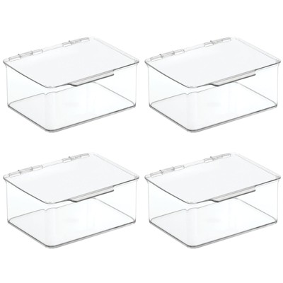 mDesign Plastic Stackable Square Storage Bin with Secure Lid - 4 Pack - Clear