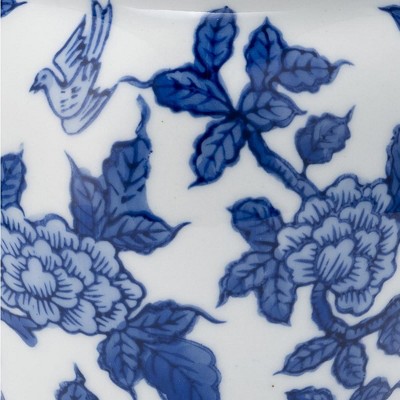 8" White and Blue Ceramic Temple Jar with Lid