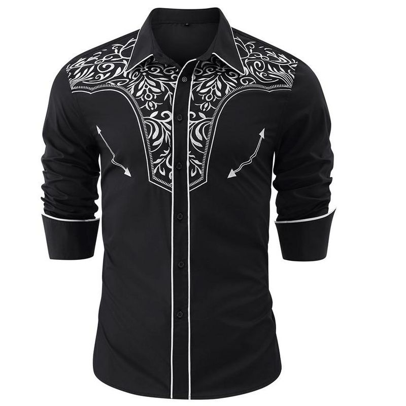 Men's Casual Western Embroidered Cowboy Shirts Button Up Long Sleeve Shirt Floral Design Retro Shirt, 2 of 7