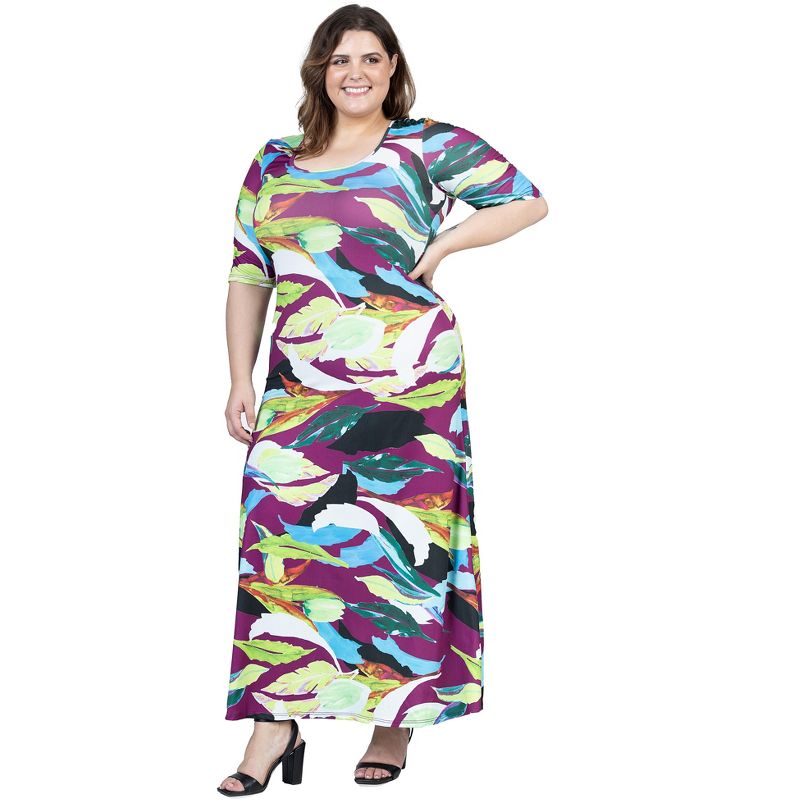 24seven Comfort Apparel Plus Size Multicolor Floral Print Elbow Sleeve Casual A Line Maxi Dress, 5 of 7