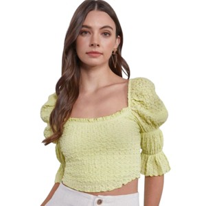 Slickblue Crinkle Texture Scoop Neck Crop Top, Puff Sleeves, Women’s Casual Top, Lemonade/Lavender, Size S/M/L - 1 of 3