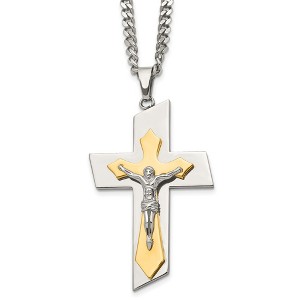 Black Bow Jewelry Men's Stainless Steel & Gold Tone Plated XL Crucifix Necklace, 24 Inch - 1 of 4