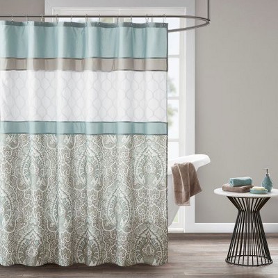 Sapphtopaz Transitional Colorblock Shower Curtain, 72x72" Geometric Damask Print Shower Curtain for Bathroom - Embroidered Detailing