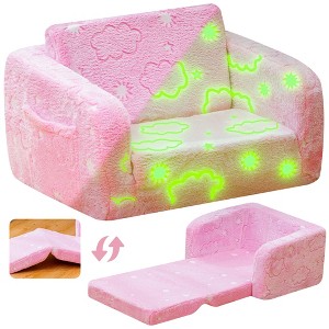 Hooseng Toddler Couch, 2-in-1 Glow-in-The-Dark Plush Kids Fold-Out Sofa, Convertible Kids Sofa to Lounger with Straight Armrests for Boys & Girls - 1 of 4