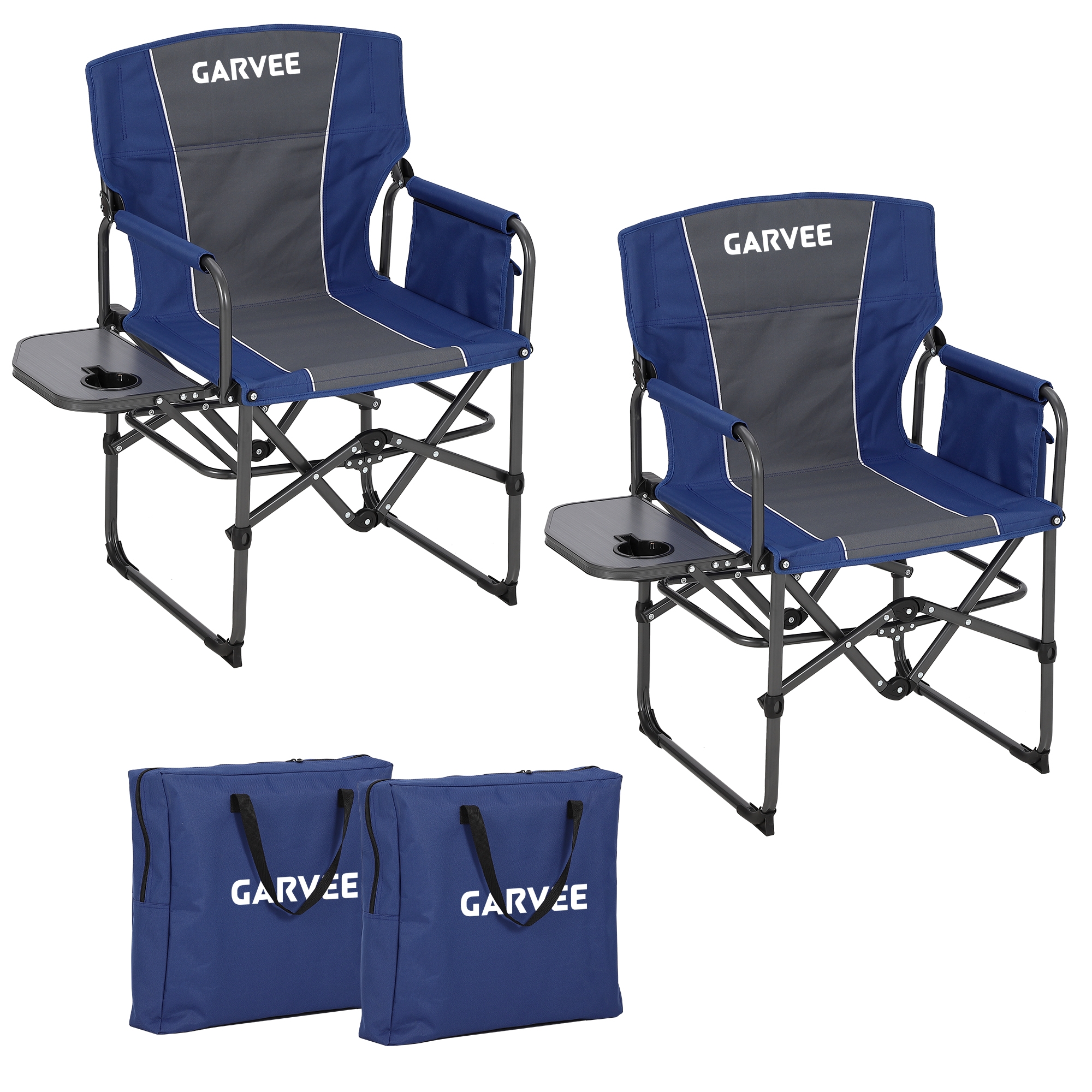 2 pcs Oversized Directors Chair, Portable Folding Camping Chair, Heavy Duty Lawn Chair with Side Table for Camping, Sports, Picnic, Beach, Fishing, Blue