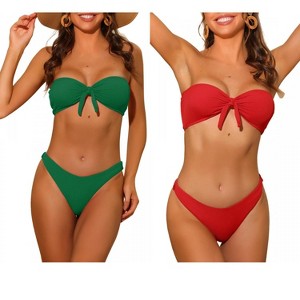 INSPIRE CHIC Women's Bandeau Ribbed Bowknot Strapless with Bottoms Swimwear Bikini 2 Set - 1 of 4