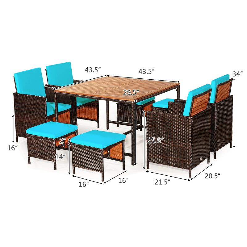 Tangkula 9 PCS Outdoor Patio Dining Set Conversation Furniture W/ Removable Cushions Turquoise, 4 of 5