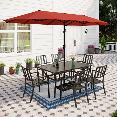 Captiva Designs 8pc Patio Slat-top Rectangle Steel Table & Metal Stackable Chairs & 13ft Large Umbrella
