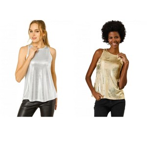 Allegra K Women's Party Shiny Sleeveless Keyhole Back Club Metallic Tank Top 2 Packs - 1 of 4